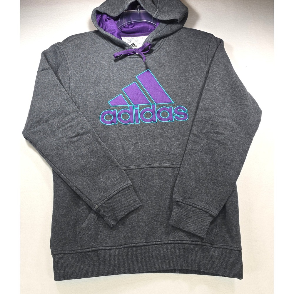 Adidas Mens Hoodie Small Charcoal Gray Purple Teal Embroidered‎ Logo Pullover